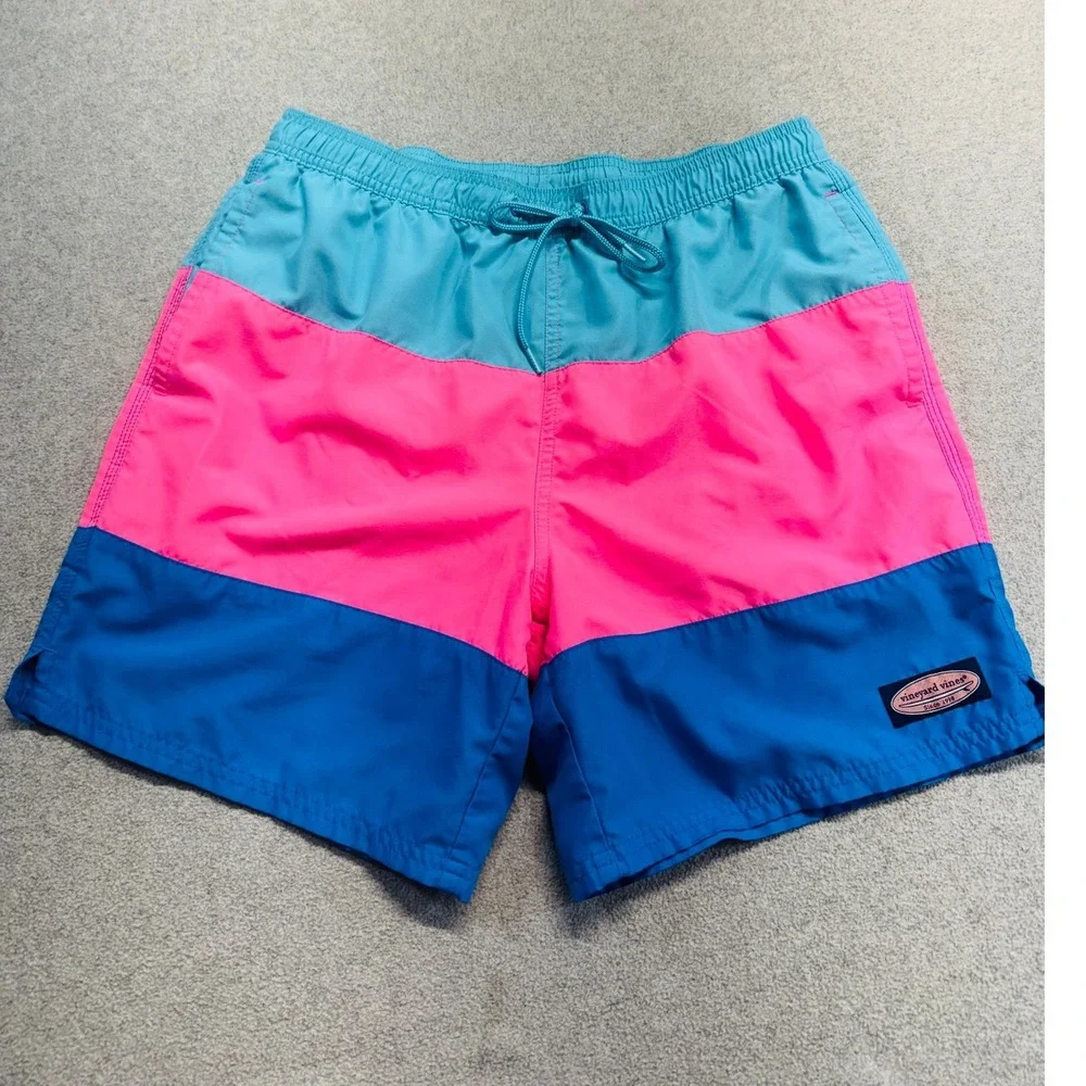 Vineyard Vines Swim Trunks Mens M Pink Blue Colorblock Chappy Board Shorts Pool
